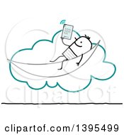 Sketched Stick Man Relaxing And Using A Tablet On The Cloud