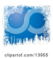 Snow Flocked Tree Silhouettes Over A Blue Wintry Background Bordered By White Snowflakes Clipart Illustration by Rasmussen Images #COLLC13955-0030