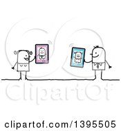 Clipart Of A Sketched Stick Couple Online Dating With Tablet Computers Royalty Free Vector Illustration