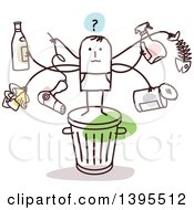 Poster, Art Print Of Sketched Stick Man With Many Arms Holding Items On Top Of A Trash Can