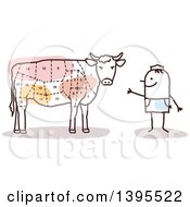 Clipart Of A Sketched Stick Man Butcher Presenting A Cow With Cuts Royalty Free Vector Illustration