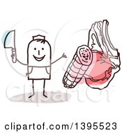 Clipart Of A Sketched Stick Man Butcher Holding A Knife By A Ham And Beef Royalty Free Vector Illustration