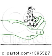 Poster, Art Print Of Sketched Green Hand Holding Stick Animals