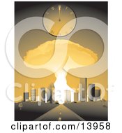 Road Leading To An Exploding City And Clock On Doomsday Clipart Illustration