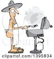 Poster, Art Print Of Cartoon Nude White Man Wearing An Apron And Cooking On A Bbq Grill