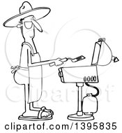 Poster, Art Print Of Cartoon Black And White Nude Man Wearing An Apron And Cooking On A Bbq Grill