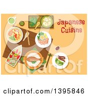 Meal Of Japanese Cuisine With Text On Orange