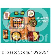 Poster, Art Print Of Meal Of Japanese Cuisine With Text On Turquoise