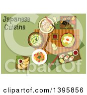 Meal Of Japanese Cuisine With Text On Green