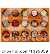 Clipart Of Bowls Of Culinary Spices With Text On Wood Royalty Free Vector Illustration