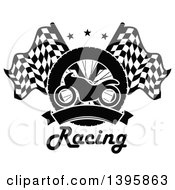 Poster, Art Print Of Silhouetted Motorcycle Tire Blank Banner Text And Crossed Racing Flags With Stars