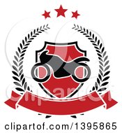 Clipart Of A Silhouetted Motorcycle Over A Red Shield And Blank Banner Within A Wreath Under Stars Royalty Free Vector Illustration