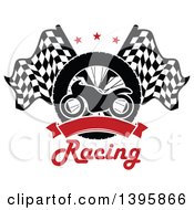 Poster, Art Print Of Silhouetted Motorcycle Tire Red Blank Banner Text And Crossed Racing Flags With Stars