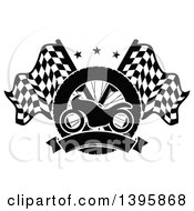 Poster, Art Print Of Silhouetted Motorcycle Tire Blank Banner And Crossed Racing Flags With Stars