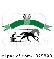 Poster, Art Print Of Black Silhouetted Jockey And Horse Harness Racing Under A Crown And Blank Green Banner