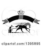Poster, Art Print Of Black Silhouetted Jockey And Horse Harness Racing Under A Crown And Blank Banner