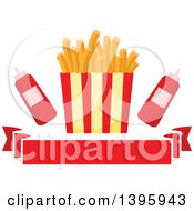 Carton Of French Fries With Ketcup Over A Banner