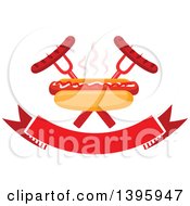 Clipart Of A Hot Dog With Crossed Forks And Sausages Over A Banner Royalty Free Vector Illustration