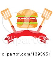 Poster, Art Print Of Hamburger With Spatulas Over A Blank Banner
