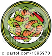 Clipart Of A Sketched Plate Of Spicy Prawns With Chili Peppers Royalty Free Vector Illustration