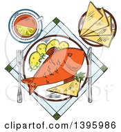 Clipart Of A Sketched Baked Fish Meal Royalty Free Vector Illustration