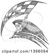 Poster, Art Print Of Grayscale Sketched Grim Reaper With A Racing Flag Scythe