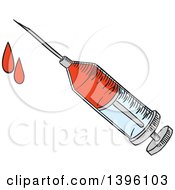 Clipart Of A Sketched Syringe With Blood Royalty Free Vector Illustration
