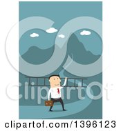 Poster, Art Print Of Flat Design Caucasian Business Man Carrying A Ladder To A Hill Top On A Blue Background