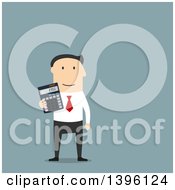 Poster, Art Print Of Flat Design Caucasian Business Man Holding A Calculator On A Blue Background
