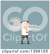 Poster, Art Print Of Flat Design Caucasian Business Man Carrying A Giant Key On A Blue Background