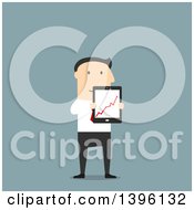 Poster, Art Print Of Flat Design Caucasian Business Man Holding A Tablet With A Chart On The Screen On A Blue Background