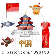 Clipart Of A Sketched Chinese Travel Icons National Flag Woman Kimono Tea Kettle With Cups Bowl With Rice And Chopstick Noodle Box And Ancient Temple Of Heaven Royalty Free Vector Illustration