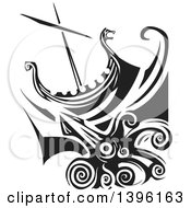 Clipart Of A Black And White Woodcut Giant Squid Under A Viking Ship Royalty Free Vector Illustration by xunantunich