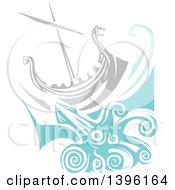 Poster, Art Print Of Woodcut Giant Squid Under A Viking Ship
