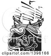 Black And White Woodcut Octopus Under A Chinese Junk Ship