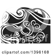 Poster, Art Print Of Black And White Woodcut Octopus Under Ocean Waves