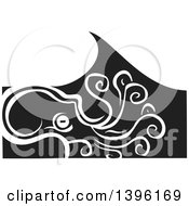 Poster, Art Print Of Black And White Woodcut Octopus Under A Wave