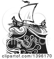 Poster, Art Print Of Black And White Woodcut Octopus Under A Greek Galley Ship