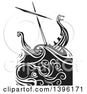 Black And White Woodcut Octopus Under A Viking Ship