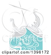 Woodcut Octopus Under A Viking Ship