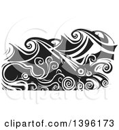 Poster, Art Print Of Black And White Woodcut Octopus And Giant Squid Under Ocean Waves