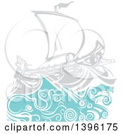 Poster, Art Print Of Woodcut Octopus And Giant Squid Under A Greek Galley Ship