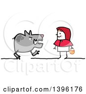 Clipart Of A Sketched Stick Girl Red Riding Hood And The Wolf Royalty Free Vector Illustration