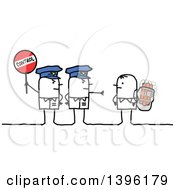 Clipart Of Sketched Stick Police Officers Holding A Control Sign By A Suicidal Bomber Terrorist Royalty Free Vector Illustration