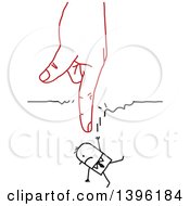 Sketched Red Hand Pointing Down And Breaking A String That A Stick Business Man Was Hanging On To