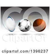 Poster, Art Print Of 3d Floating Rugby Soccer And Basketball Balls Over Waves