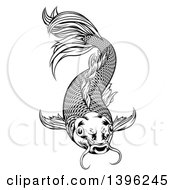 Poster, Art Print Of Black And White Woodcut Oriental Styled Koi Fish
