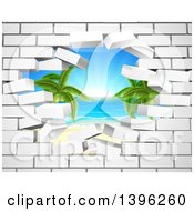 Poster, Art Print Of Hole In A 3d White Brick Wall Revealing A Tropical Beach
