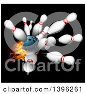 Clipart Of A 3d Fiery Bowling Ball Crashing Into Pins Over Black Royalty Free Vector Illustration