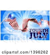 Poster, Art Print Of Long Waving American Flag And Fourth Of July Text Over Blue Sky With Sun Rays